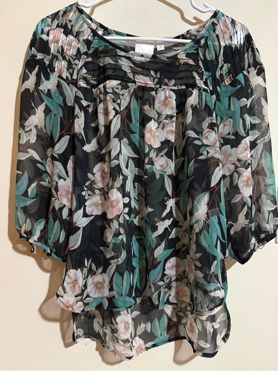 LC Lauren Conrad Tops - LC Lauren Conrad Black Sheer Floral Blouse with Teal & Blush Accents